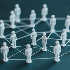 Chain of people figurines connected by white lines. Cooperation and interaction between people and employees. Dissemination of information in society, rumors. Communication. social contacts 