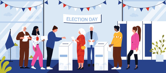 Election day, democratic referendum, government voting process, politics. People vote, diverse group of young and old characters standing in line to put paper ballot in box cartoon vector illustration