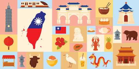 Colorful Taiwan icons titles set featuring famous landmarks, traditional food, wildlife, and cultural symbols perfect for travel, education, or tourism projects vector illustration