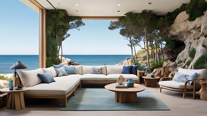 Fototapeta premium Luxury coastal living room with ocean view wooden furniture and modern design elements.