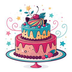 A birthday cake, birthday hat, and birthday decorations colorful birthday cake with candles and festive decorations Birthday cake collection in vector illustration
