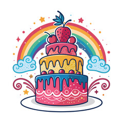A birthday cake, birthday hat, and birthday decorations colorful birthday cake with candles and festive decorations Birthday cake collection in vector illustration