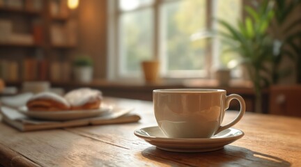 Fototapeta premium Ceramic coffee cup mockup with paper label on wooden table