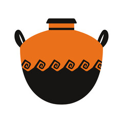 Ancient Greek pottery illustration featuring a rounded vessel with bold black and orange geometric spiral patterns. Suitable for themes related to history, mythology, archaeology, and ancient culture.