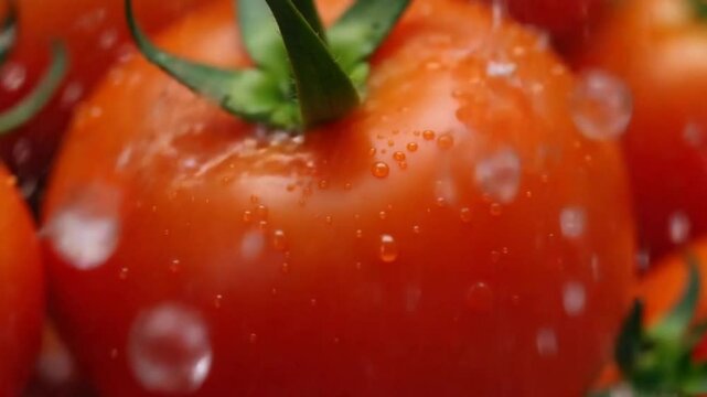 Tomatoes with water drops. Filmed is slow motion 1000 fps. High quality FullHD footage