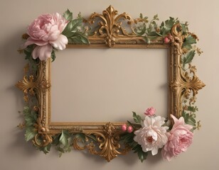 Elegant baroque frame, scrolling acanthus leaves & stylized roses, peonies ,  illustration,  ornate border