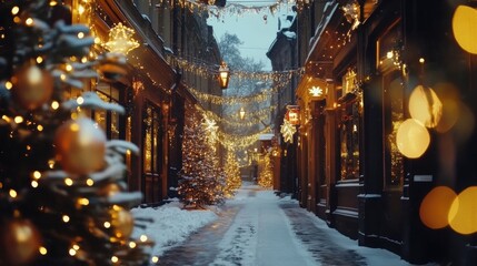 Christmas Trees Line a Snow Covered Street Lit With Festive Lights