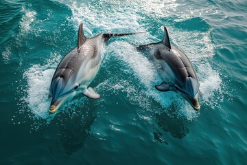 Dolphins jumping in sunlight over clear turquoise waters near a tropical coastline