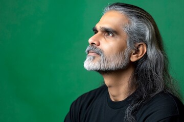 Obraz premium Idea of style for aging men. An elegant midlife gentleman smiling gracefully. Green solid background. Classy men's fade haircut - midlife indian man with long hair.