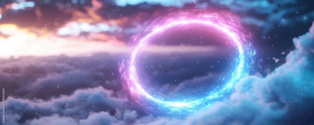 Poster glowing circle portal amidst fluffy clouds celestial abstract background