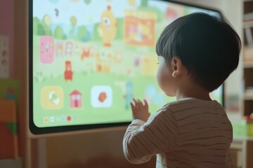 Small child engages with interactive content in online kindergarten class