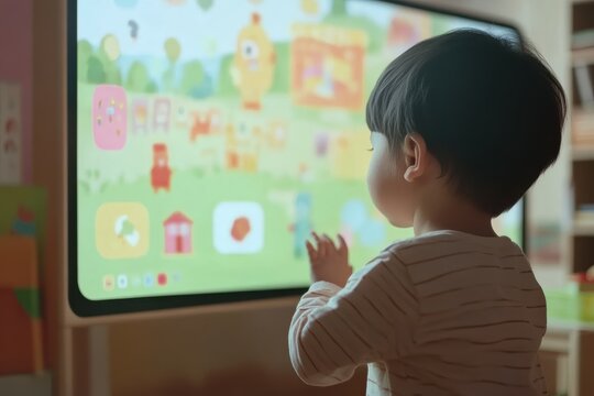 Small child engages with interactive content in online kindergarten class