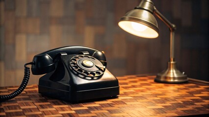 Close-up view of a vintage black rotary phone on a wooden desk, highlighting the texture of the phone and the wood, perfect for themes of retro communication and classic design.
