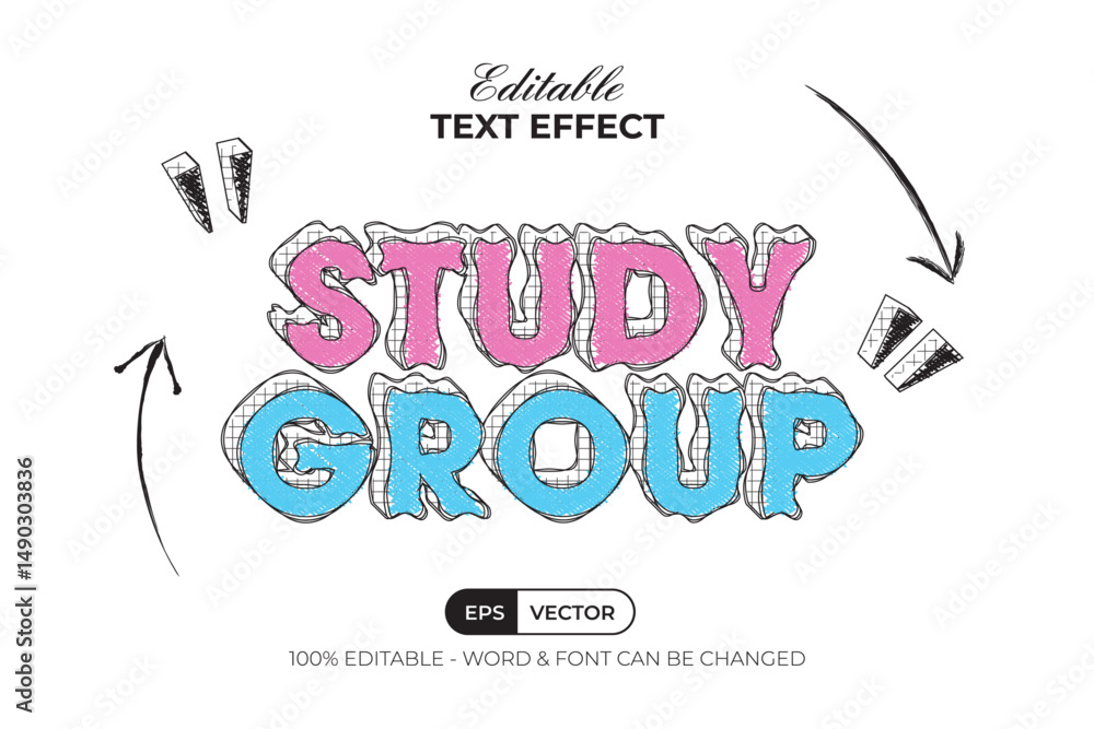 Poster study group text effect scribble hand drawn style. editable text effect.