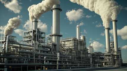 Industrial complex emitting smoke into a cloudy sky.