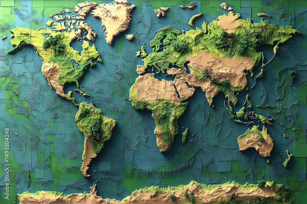 Poster stunning world map displaying intricate topography in a minimalist style