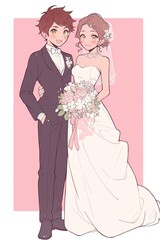 Heartwarming anime couple vertical illustration, perfect for wedding cards and invitations, bride and groom on pink background