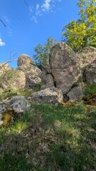 Ancient megaliths in the forest with traces of processing by ancient people.	