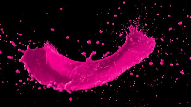 Bright pink paint splashing dramatically on a solid black backdrop in artistic motion