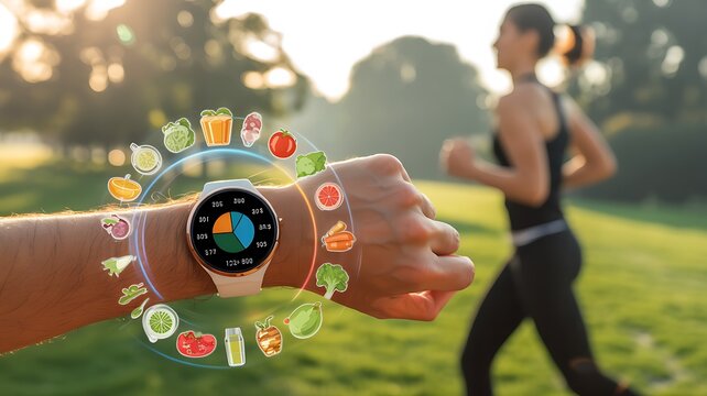Smartwatch displaying nutritional data and fitness tracking during outdoor run