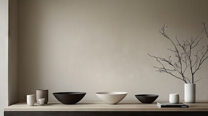 Obraz premium Modern minimalist interior display with ceramic bowls.