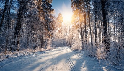 Fototapeta premium icy forest path in winter sunlight