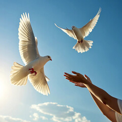 Obraz premium A symbolic image of white doves being released from human hands against a clear blue sky with warm sunlight, ultra hd, 16:9 ratio, sharp focus on feather details and wing motion, natural lighting