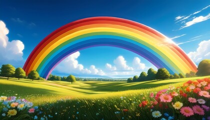 a vibrant whimsical landscape illustration featuring a bright rainbow arching over a lush colorful meadow the scene has a playful cartoonish style with fluffy white clouds a clear blue sky and b