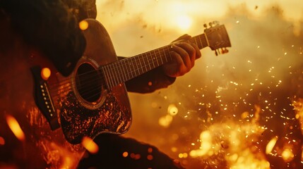 Obraz premium A musician plays acoustic guitar amidst a vibrant bonfire at sunset, sparks flying