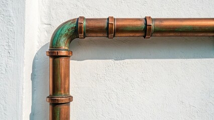 Naklejka premium Close-up view of an aged copper pipe with green and brown oxidation on a textured wall, highlighting the texture and color variations of the metal and the wall surface