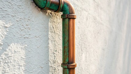 An aged copper pipe elbow and section are mounted on a textured white wall, showing signs of oxidation with green and brown patina, symbolizing plumbing, oxidation, aging process