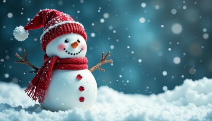 snowman surrounded by snowflakes with a big smile on his face and a red scarf wrapped around his neck, joyful, whimsical