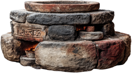 Ancient Stone Hearth: A detailed depiction of a weathered stone hearth, possibly from a time long past, showcasing a blend of textures and a sense of historical craftsmanship. 