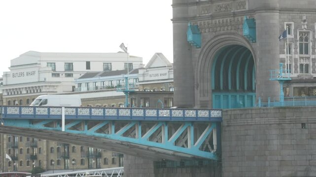 Close up of Tower Bridge lower roadway and bascule arch, London, UK