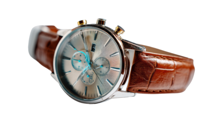 Elegant chronograph watch with leather strap.