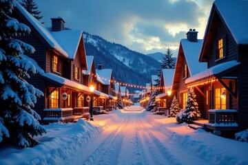 Naklejka premium Snowy village street at dusk with twinkling lights and festive atmosphere , twinkling lights, snowy landscape
