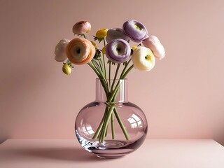 flowers in vase. Modern clear vase with pastel ranunculus bouquet. glossy surface. blush background. late morning natural diffuse light. soft aesthetic . 