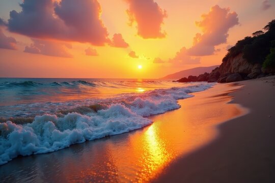 Soft golden rays kiss the waves as a colorful sunset unfolds over Ladghar beach in Dapoli, sunset colors, ocean wave