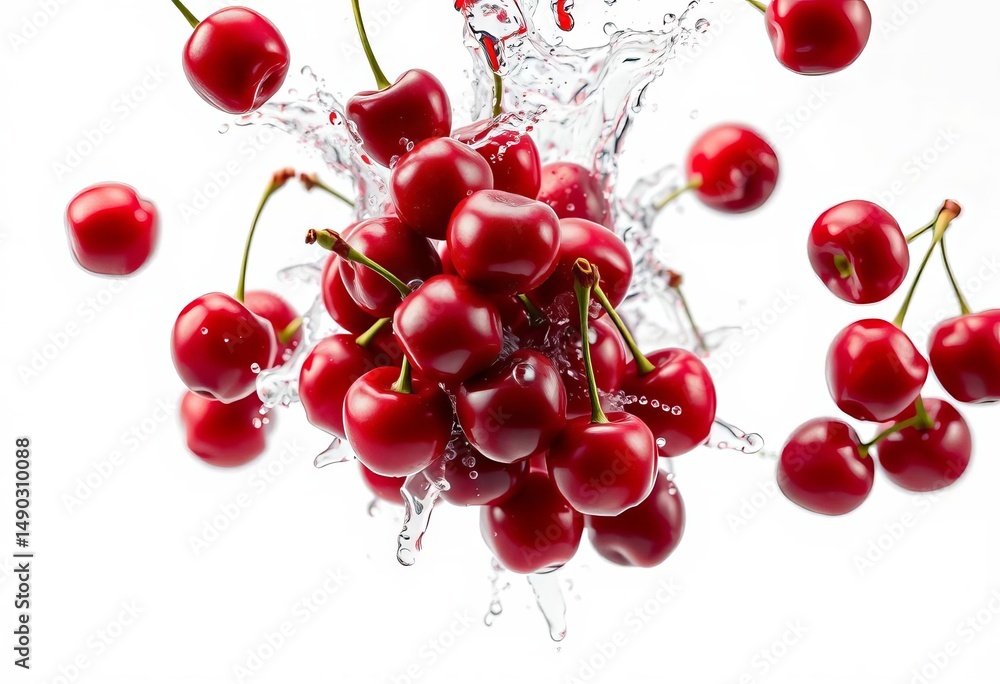 Poster exploding cluster of ripe red morello cherries splashing into clear juice, isolated on white , refre