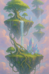 Step into a breathtaking fantasy world where gravity bends to imagination. "Floating Islands Sanctuary" captures a surreal landscape of majestic floating islands suspended in a pastel-toned sky. 