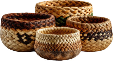 Artisanal Baskets: Four handcrafted woven baskets, each with its unique design, showcase the beauty of natural fibers and traditional artistry.