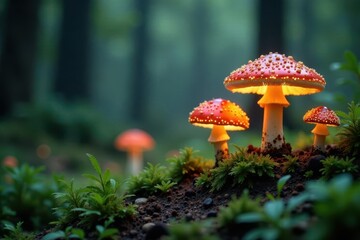 Fototapeta premium Softly glowing mushrooms in a forest clearing, surrounded by ferns and moss, serene forest, fungal growth