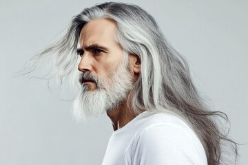 Chic men's messy waves haircut - midlife arabian man with long hair. A sophisticated gentleman in a well-lit studio. Pure white solid background. Design idea art of style for aging men.