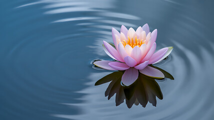 Single pale pink lotus floating on glassy blue water with calm ripple effect and soft ambient light in a minimalistic scene