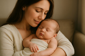 Newborn baby sleeping peacefully in mother’s arms
