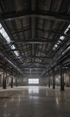 Fototapeta premium Soaring ceiling, exposed metal beams & ductwork, industrial aesthetic , exposed ductwork, unfinished, lines