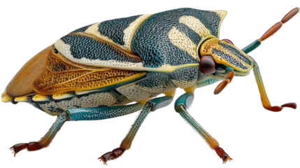 Shield Bug Close-Up: Captivating view of a colorful shield bug, highlighting its intricate patterns, textured surface and vibrant colors. A perfect representation of nature's creativity.