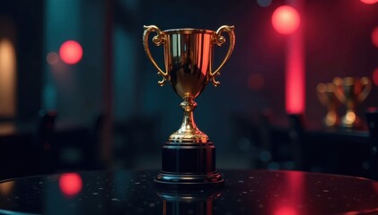 Solo trophy display on elegant black glass tabletop with dimmed stage lighting , awards, tables