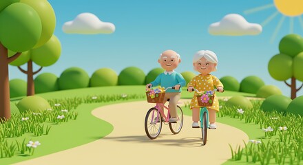 Naklejka premium Happy Senior Couple Cycling in Spring Park, 3D Render