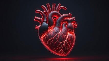 Glowing Red Human Heart on Dark Background